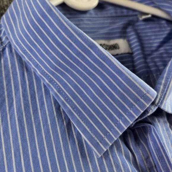 Love Moschino Button Up Shirt Long Sleeve Blue Striped Size 16.5 Designer Heart - Picture 10 of 16
